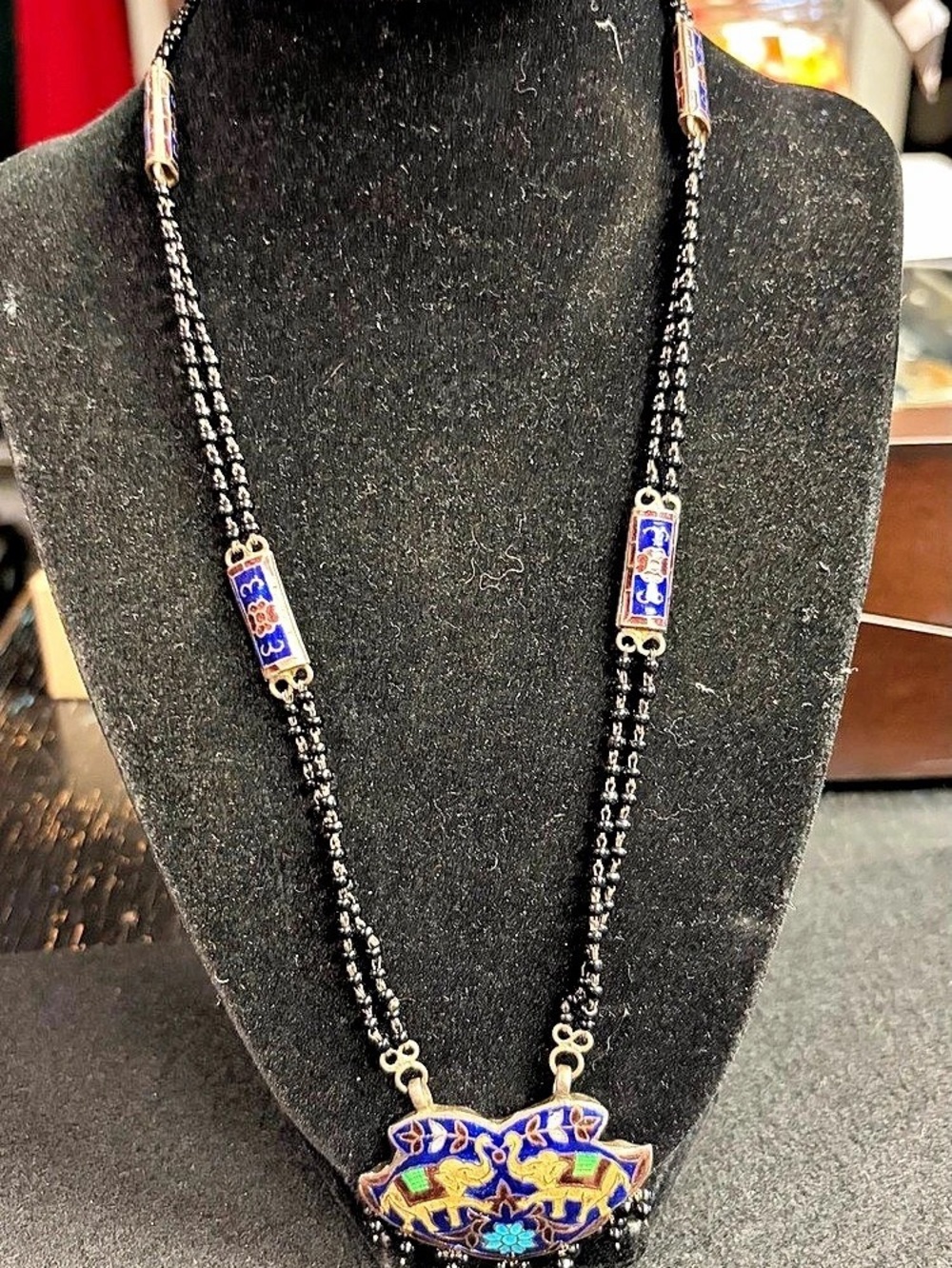 Enamel Pendant Necklace in Black & Blue
